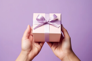 gift box with purple ribbon and bow in hands, christmas and holidays concept. AI generative
