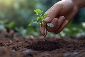 Hand planting plant seedling, Concept of nature and environment preservation, Generative AI