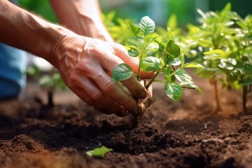 Hand planting plant seedling, Concept of nature and environment preservation, Generative AI