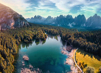 Aerial view of Lago Antorno Dolomites Lake mountain landscape. Generative AI