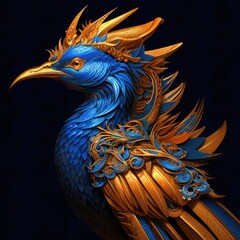 An elaborate blue and gold bird with horns