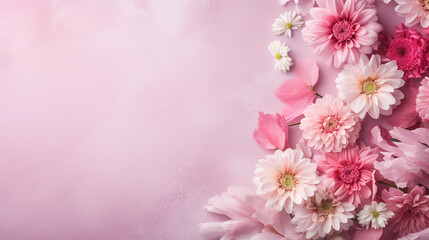 Fototapeta na wymiar Banner with a frame of pink flowers on a pink background. Spring composition with copyright.ai generative