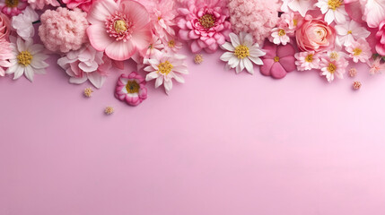 Banner with a frame of pink flowers on a pink background. Spring composition with copyright.ai generative