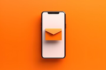 Mobile phone with envelope on screen isolated on orange background, Concept of sending and receiving email by cell phone, Generative AI - obrazy, fototapety, plakaty
