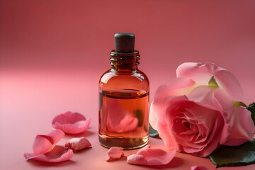 Obraz na płótnie Canvas Rose essential oil on a pink background with flowers, Generative AI 1