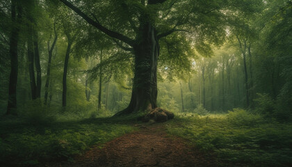 A mysterious forest path, shrouded in fog and mystery generated by AI