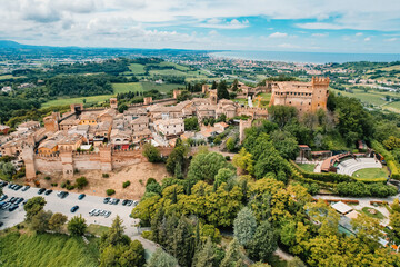 Fototapeta na wymiar Aerial view of Medieval village of Gradara, Italy. Little old village italy scene in Pesaro province , Marche region