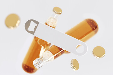 Branded bottle opener with flying bottles mockup. 3D rendering