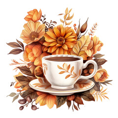 Fall Autumn Flowers Watercolor Clip art, Fall Autumn Watercolor Sublimation Design, Teacup Clip art