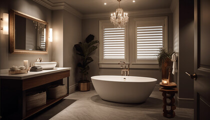 Fototapeta na wymiar Modern luxury bathroom with elegant fixtures, wide window, and illuminated towel generated by AI