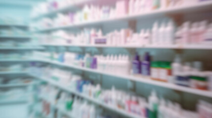 Blurred background of pharmacy drugstore shelves with variety of pharmaceutical products.