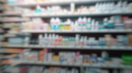 Blurred image of pharmacy drugstore and drugstore shelves for background usage.