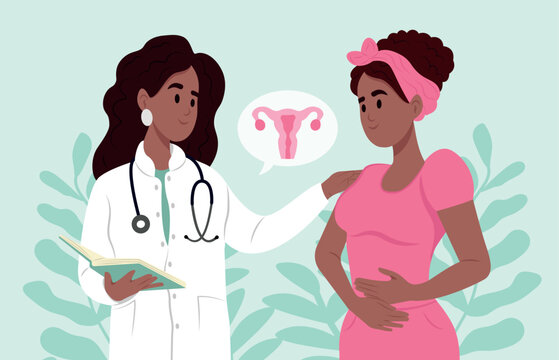 Uterine Fibroids symptoms, diagnostic and treatment. A black family doctor is talking to a patient with uterine fibroids. July is fibroid awareness month. Consultation of a gynecologist.