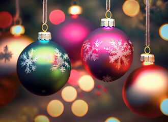 Christmas balls hanging on an out of focus background. Generative AI