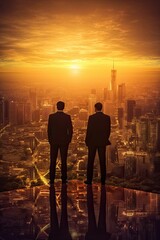 Business men in front of big city new life concept photo realistic illustration - Generative AI.