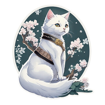 White cat in Japanese costume, sakura background sticker.