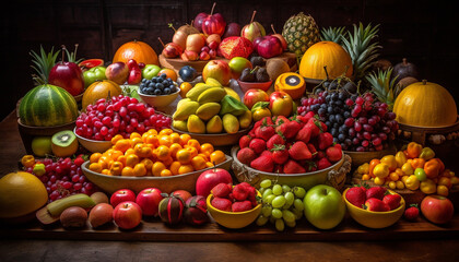 A large bowl of multi colored fruit, fresh and healthy generated by AI