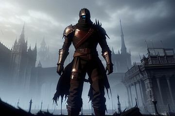 Naklejka premium Dark Fantasy Knight in Full Armor Outside a Castle Cloudy Sky Generative AI Illustration