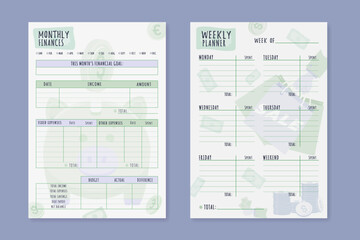 A set of Monthly and Weekly budget planner. Cute finance planner template In green and lilac lavender colors. Two colors. Vector illustration