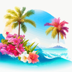 Fototapeta na wymiar Illustration palm tree summer vibe watercolor painting style, vector