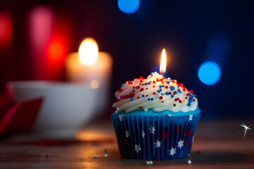 4th of July cupcake with flag and sprinkles. Generative ai