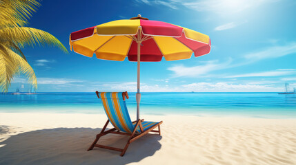 Tropical Paradise: Relaxation Under the Colorful Umbrella. Generative AI
