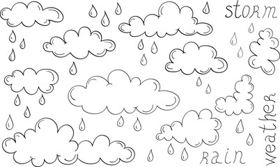 Rain icons - clouds and drops in the doodle vector set