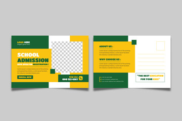 School admission eddm postcard template. Back to school education postcard design, Kids Education promotional postcard design.
