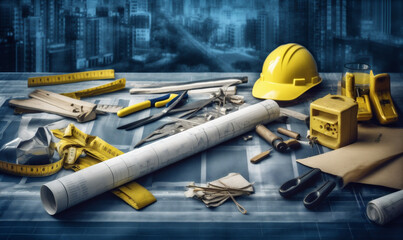 Fototapeta premium architect model helmet construction drawing blueprint architecture project building industry plan. Generative AI.