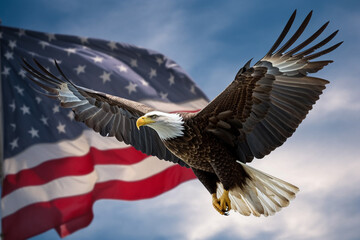 Obraz premium Wavy American flag with an eagle symbolizing strength and freedom . 4th of July Memorial or Independence day background. Generative AI