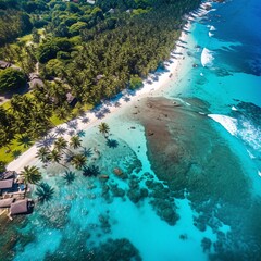 Beauty of a tropical paradise with this stunning aerial view, showcasing crystal-clear turquoise waters, pristine white sandy beaches, and lush palm trees, captured from above using a high-resolution 