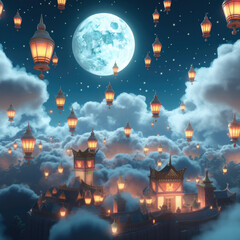 Luminous Celestial Symphony: Moon, Stars, and an Array of Lanterns in the Night Sky