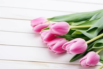 Pink tulips on wooden table. Spring background for Mothers Day. Generative ai.