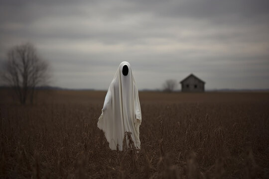 Creepy ghost woman in dark haunted house. Halloween concept.