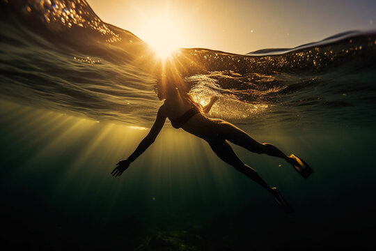 Freediving and beautiful light in blue sea. Generative ai