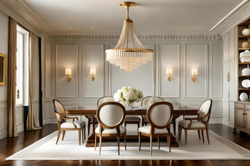 a refined dining room with a long wooden dining table, exquisite china and silverware arranged meticulously