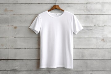 white t-shirt on wooden hanger. White tshirt mockup template, ai generated