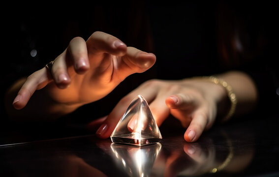 hands over a crystal pyramid magic games created with Generative AI technology