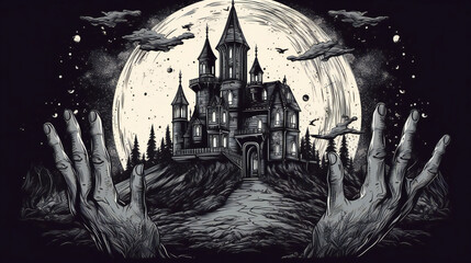 very realistic illustration of a fantasy castle with a glowing full moon in the background, Halloween mood background, AI generated