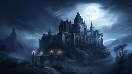 very realistic illustration of a fantasy castle with a glowing full moon in the background, Halloween mood background, AI generated