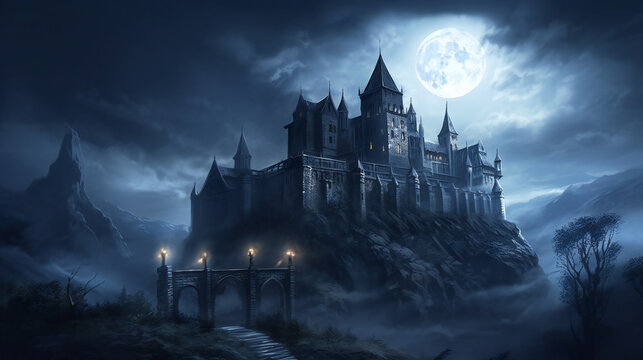 Very Realistic Illustration Of A Fantasy Castle With A Glowing Full Moon In The Background, Halloween Mood Background, AI Generated