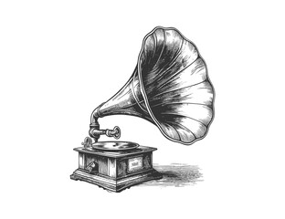 Musical gramophone sketch hand drawn vintage. Vector illustration desing. - obrazy, fototapety, plakaty