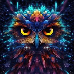 The face of a colorful owl is featured