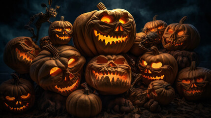 Very terrifying Halloween pumpkins with glowing eyes dark cine AI generated