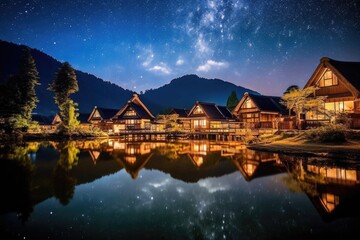 Fototapeta premium Japanese small village where I want to go one day. I am attracted by its atmosphere and culture. Spend a few days here. Generative AI Technology 