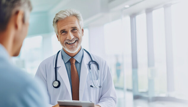 Happy male doctor wearing stethoscope looking at male patient