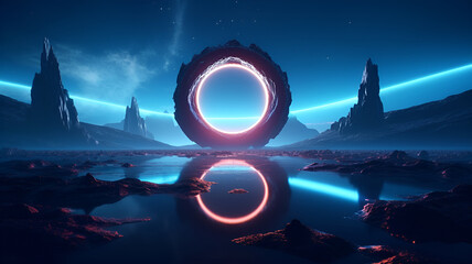 3d render Futuristic minimalist wallpaper abstract neon background with Circular frame, moon
