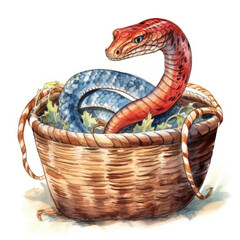 a painting depicting a coiled snake inside a woven basket