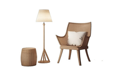 Chair, rattan box and lamp. set of decor items furniture isolated on transparent or white background