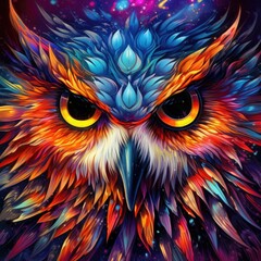 The face of a colorful owl is featured